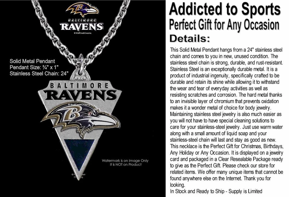 Baltimore RAVENS Necklace Stainless Steel Chain NFL Football ¾" x  1"  Logo  #C' - Image 3 of 4