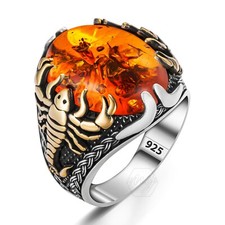 925 Sterling Silver Baltic Amber Stone Scorpion Figure Men's Ring