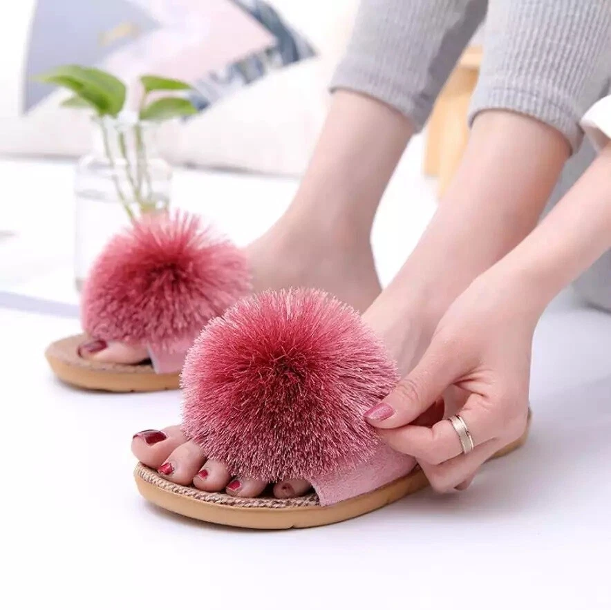 Summer Fluffy Ball Slides Slippers Women Fur Ladies Plush Slippers Indoor