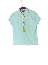 Vintage Burberry London Women's Polo shirt SZ S - Seafoam Green, Floral Placket
