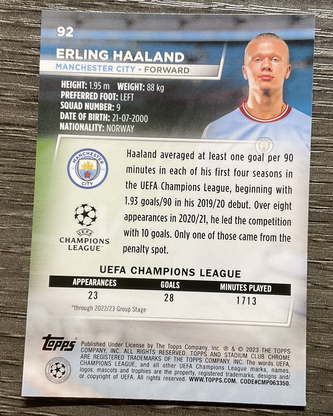 2022-23 Topps Stadium Club Chrome UEFA Soccer Erling Haaland #92 Manchester City view 2