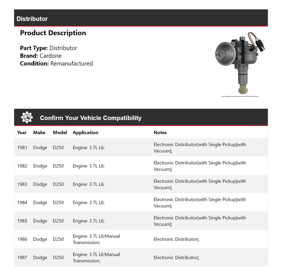 Para Dodge D250 1981-1987 3,7 L L6 Distribuidor Cardone 1982 1983 1984 1985 1986 Foto 2 de 4