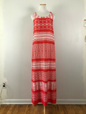 EMMA & MICHELE Maxi Dress Size Medium Red White Print Cut Out Back Knit Summer