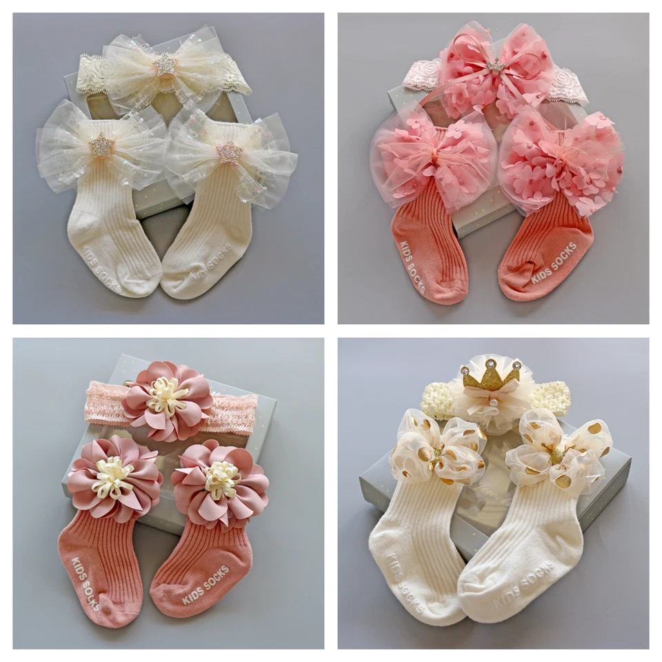 Baby Crown Lace Tutu Flower Socks Newborn Toddler Ankle Socks Hair Headband Gift - Image 2 of 3