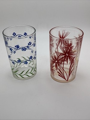 Vintage 1950s Hazel Atlas Kraft Swanky Swigs Blue & Red Flower Glasses Lot of 2
