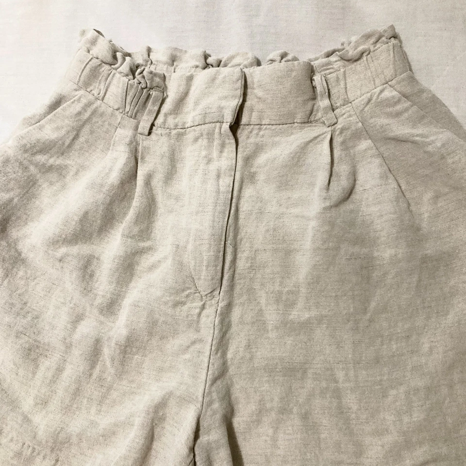 Shorts femininos H&M 6 bege cáqui mistura de linho cintura alta bolsa de papel natureza terrosa - Imagem 3 de 4