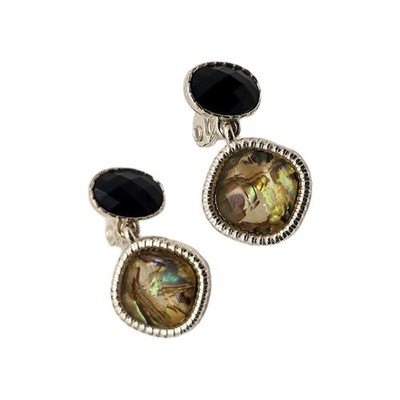 Vintage Napier Earrings Silver Tone Black Gold Faceted Stones Dangle Clip On 