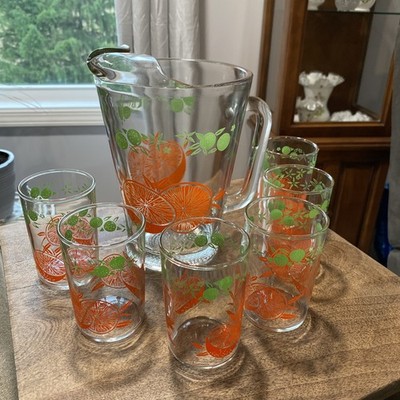 VTG Libby Glass Juice Pitcher W/ 6 Matching 4 oz Glasses Orange Slices Design