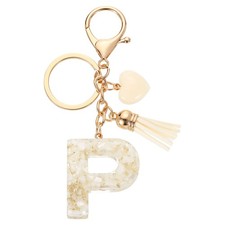 Initial Letter Keychains Resin Cute Pendant with Heart Tassel White-P