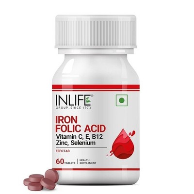 INLIFE Chelated Iron Folic Acid with Vit C & B12 & Zinc & Selenium - 60 Veg Tabs
