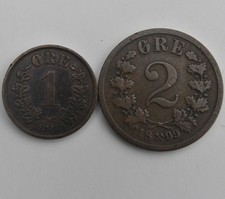 2x Norway Coin 1 Ore 1884 & 2 Ore 1899