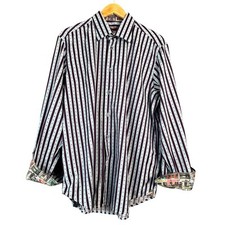 Robert Graham Shirt Mens L/XL Blue Purple Striped City Print Flip Cuff Casual