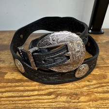 Vintage Western Black Tooled Leather Belt Silver Engraved Buckle Conchos 32