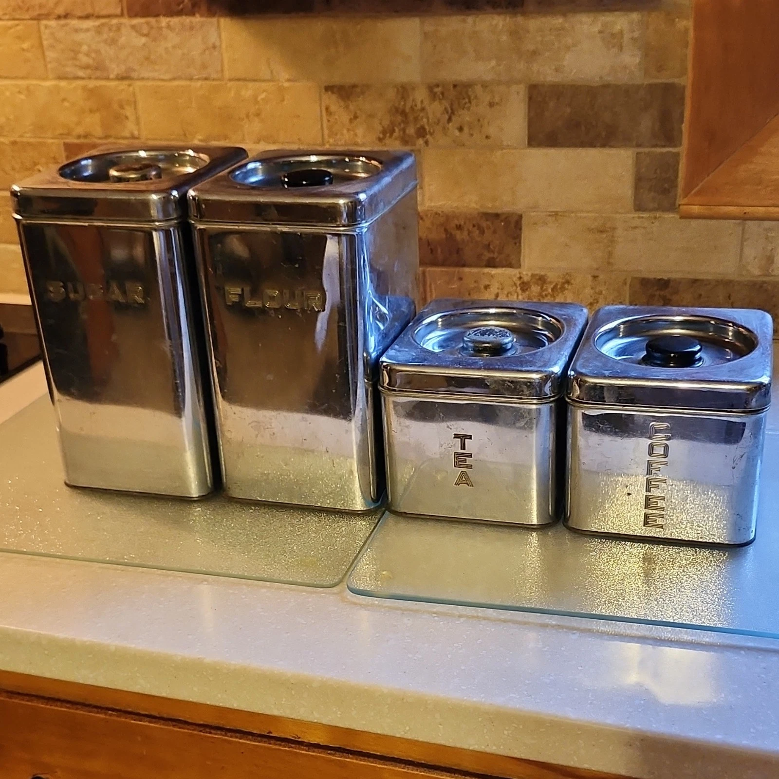 Silver Metal Kitchen Canister Set Rectangular Sugar Flour Tea Coffee Reusable