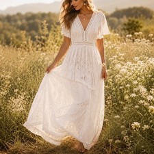 White Lace Boho Maxi Dress Cottagecore Romantic Bridal Style Long Dress Medium