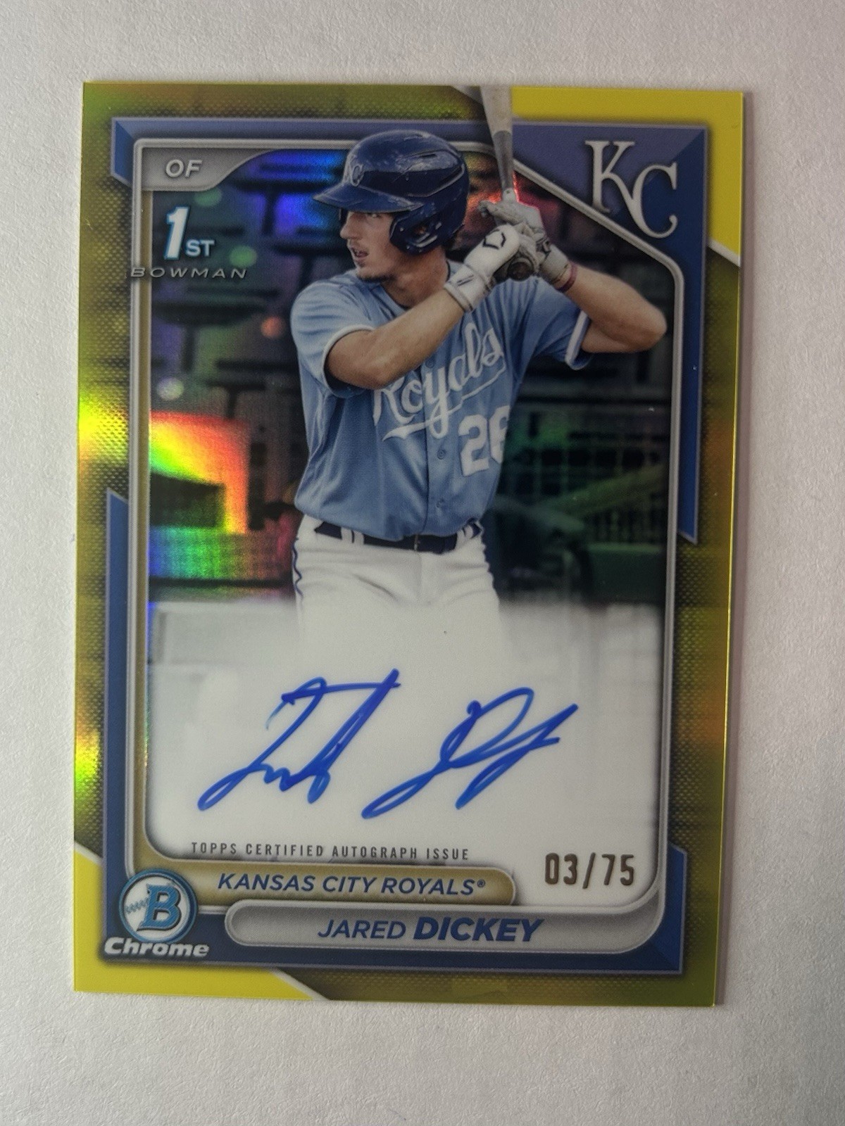 JARED DICKEY 2024 BOWMAN CHROME 1ST YELLOW REFRACTOR AUTO 03/75!