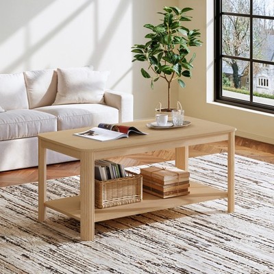 Arc Corner Wood Coffee Table with Storage Shelf – Vertical Wave