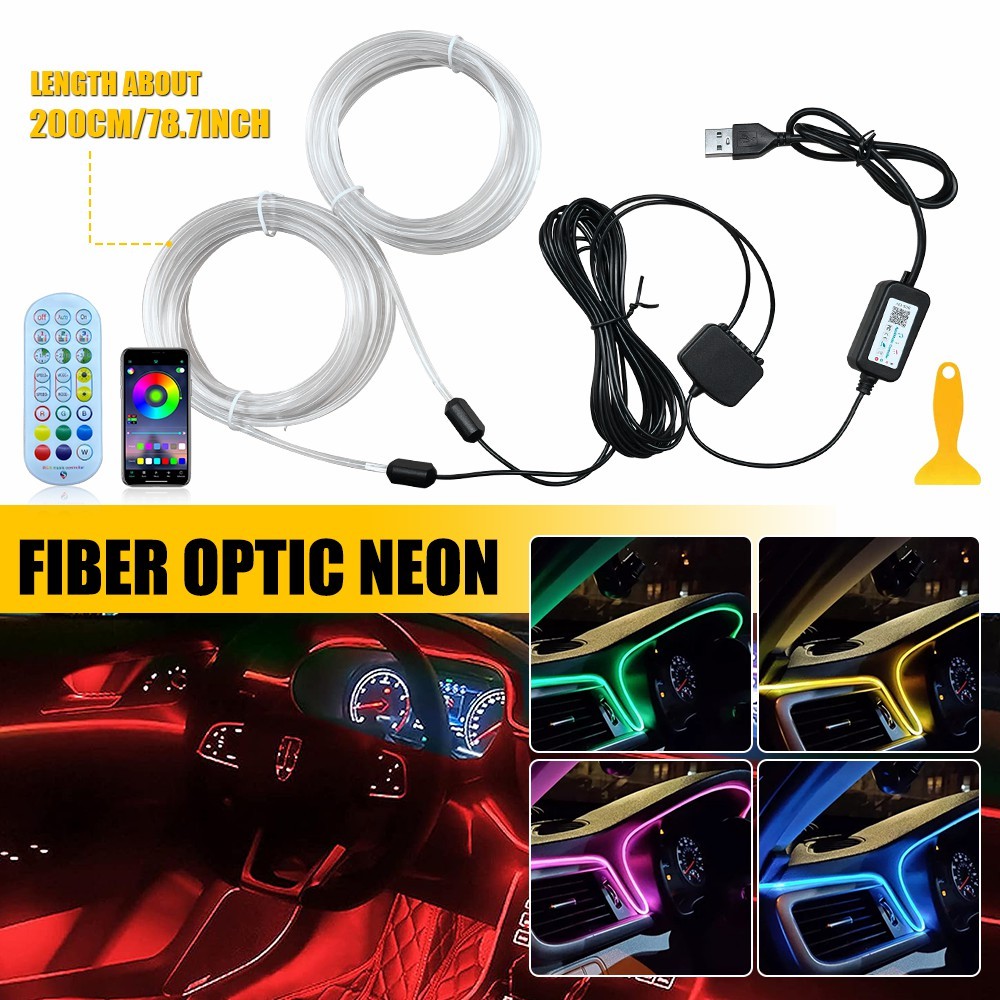 Car Interior Ambient Lighting Kit APP LED Neon Light Trim Glow Optic Fiber Strip