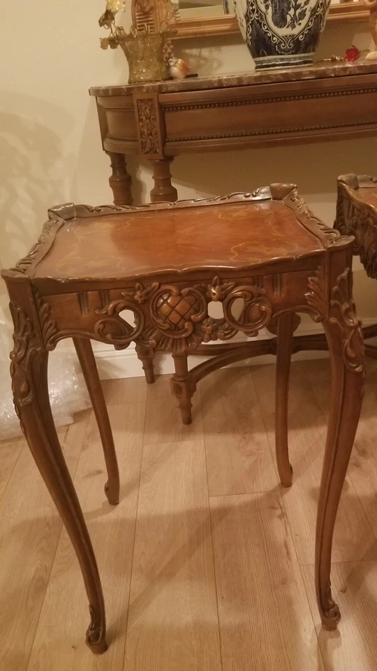 PAIR Antique French Carved Side Occasional Tables, Marquetry Inlaid Top Local PU - Image 2 of 4