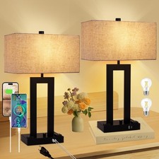 Modern Table Lamps Set of 2-22" Tall Bedside Lamps with USB-C/USB-A Charge Po...