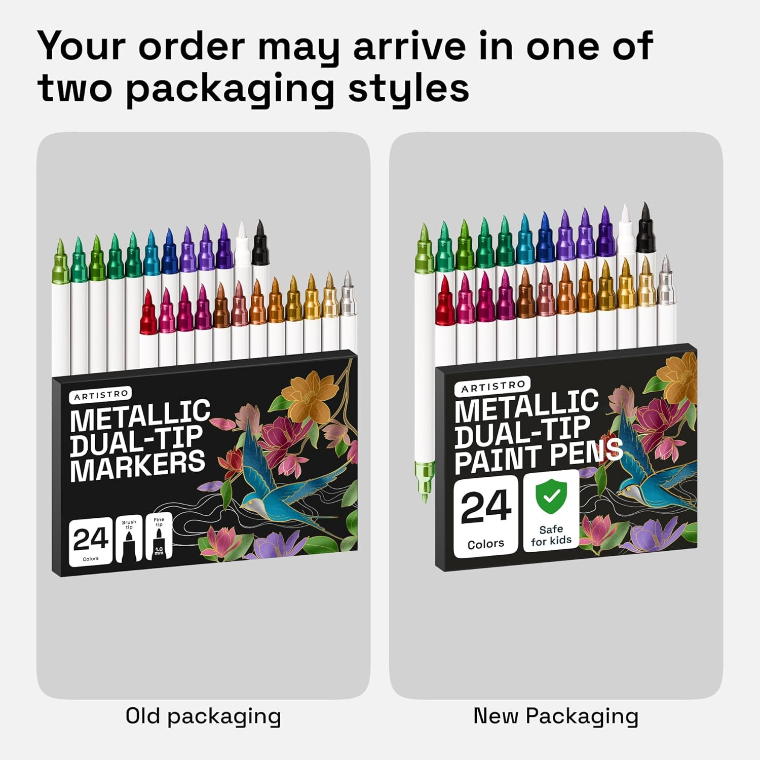 24 Metallic Acrylic Paint Markers - Paint Pens Dual Tip Brush + Fine Ideal for C