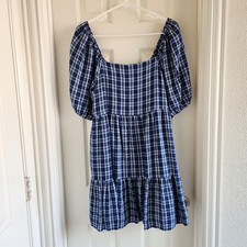 American Eagle Bubble Sleeve Plaid Mini Dress Size L Linen Blend Babydoll