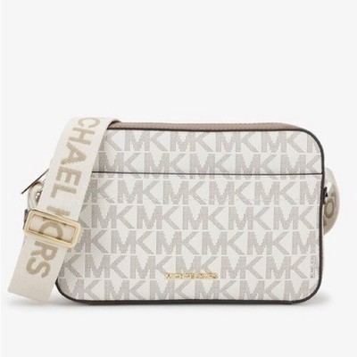MICHAEL KORS ショルダーバッグ ロゴ総柄 ホワイト Michael Kors Logo Crossbody Bag White Brown Zip Gold Hardware