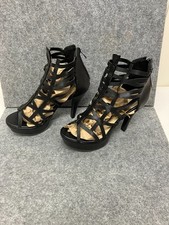 STILETTO PLATFORM CRISS CROSS STRAP BLACK LEATHER DANCER HEELS SIZE 6