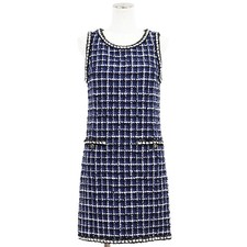 CHANEL Dress N/S Tweed Size 34 Women P74450 Cotton-blend Sequins CC Logo Blue