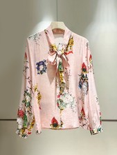Womens Real 100 Mulberry Silk Floral Print Bowknot Long Sleeve Shirt Blouse Top
