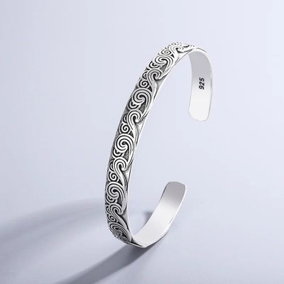 Minimalist 925 Sterling Silver Wave Bracelet Fluid Open Cuff Bangle For Women