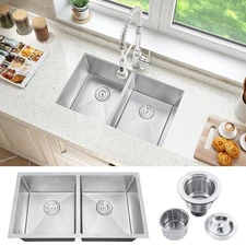 32" Double Bowl Sink Undermount Nano Kitchen Sink 20 Gauge Stainless Steel Sink