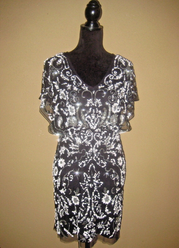 Aidan Mattox black sheer sequin/beads blousen overlay lined cocktail dress 4