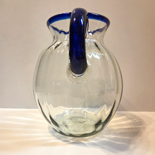 Vintage Mexican Hand-Blown Recycled Glass Cobalt Trim Pitcher and 4 Glasses - Picture 4 of 24
