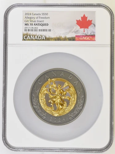 2024 Canada Gilt Silver $50 Allegory of Freedom NGC MS-70 Antiqued