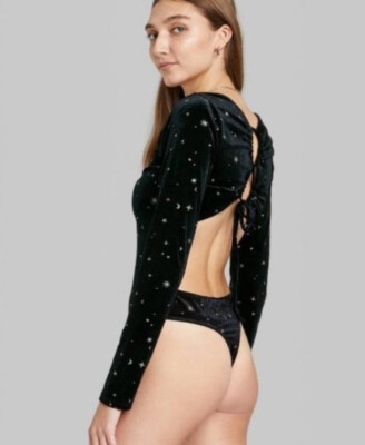 NWT Wild Fable Black Velvet Star Open Back Bodysuit