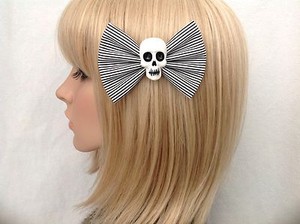 Black White Striped Skull Hair Bow Clip Rockabilly Pin Up Girl Cute Punk
