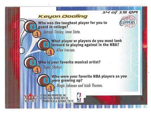 2000-01 FLEER FUTURES KEYON DOOLING QUESTION AIR #14QA LOS ANGELES CLIPPERS - Picture 2 of 2