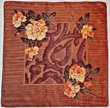 SCARF VINTAGE AUTHENTIC FLORAL ART ROSES BROWN YELLOW SATIN ACETATE 27" SQUARE