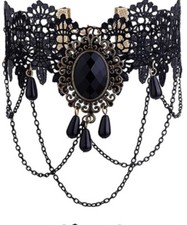 Gothic Victorian Black Lace Chocker Necklace Tassel Chain Steampunk NWT 5445