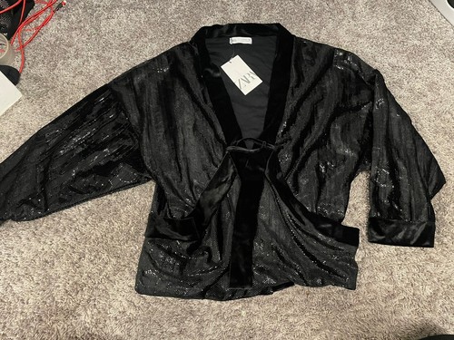 NWT Zara Girls Shimmer Black Kumono Style Velvet Jacket Size 13-14 (164 Cm)