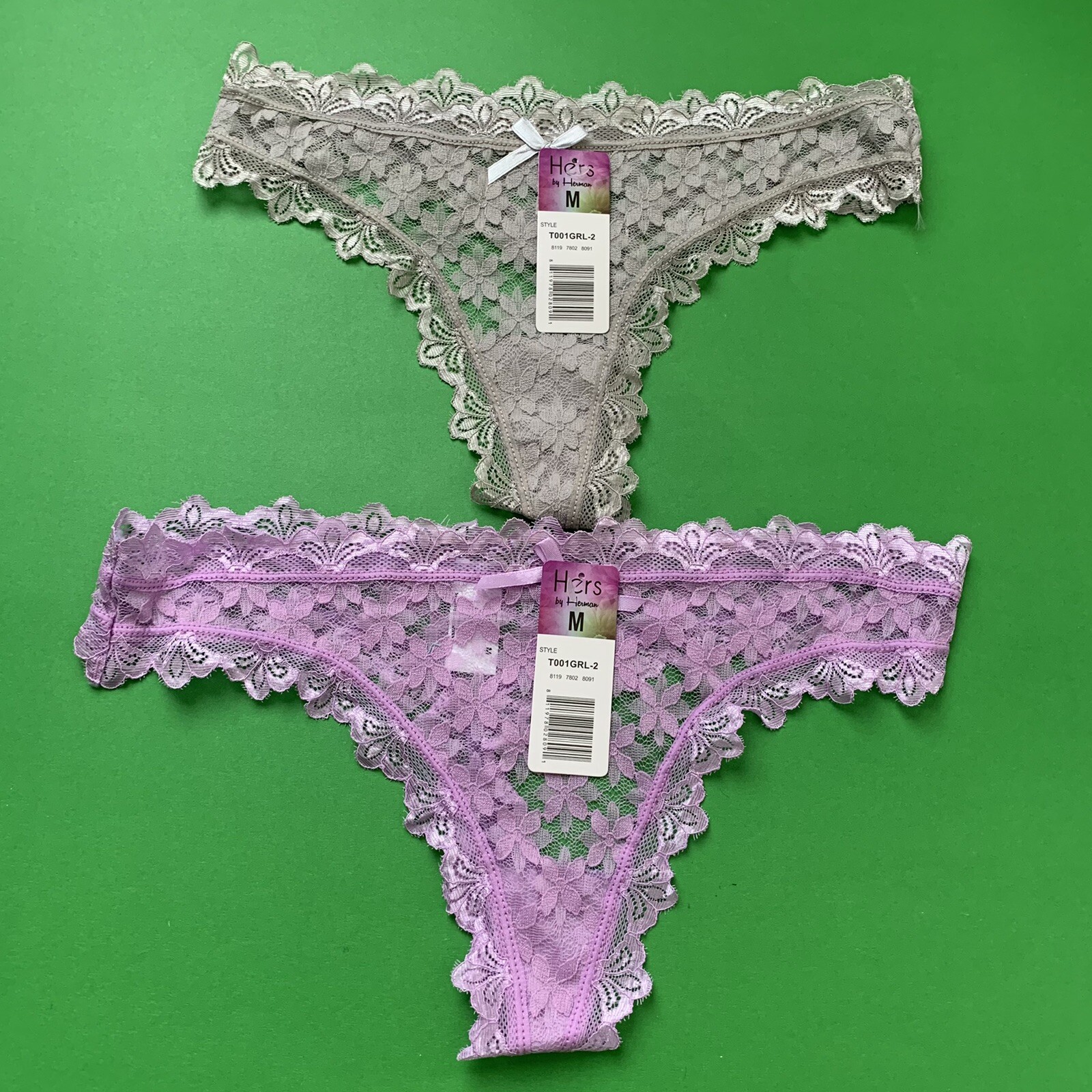 2 Hers  By Herman Lace Thongs  Grey/purple Floral Sz Medium Scalloped Edges New