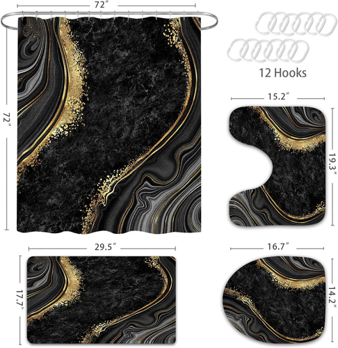 4 Pcs Luxury Marble Shower Curtain Set with Non-Slip Rugs, Toilet Lid Cover and - Picture 6 of 6