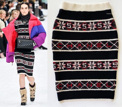NWT CHANEL 19K RUNWAY BLACK ECRU RED CASHMERE KNIT SKIRT 36 | eBay