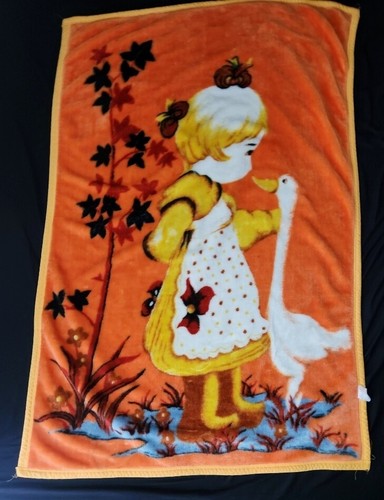 VTG Orange Little Girl Goose Duck Pond Leaf Microplush Throw Blanket 40x60 - Picture 6 of 16