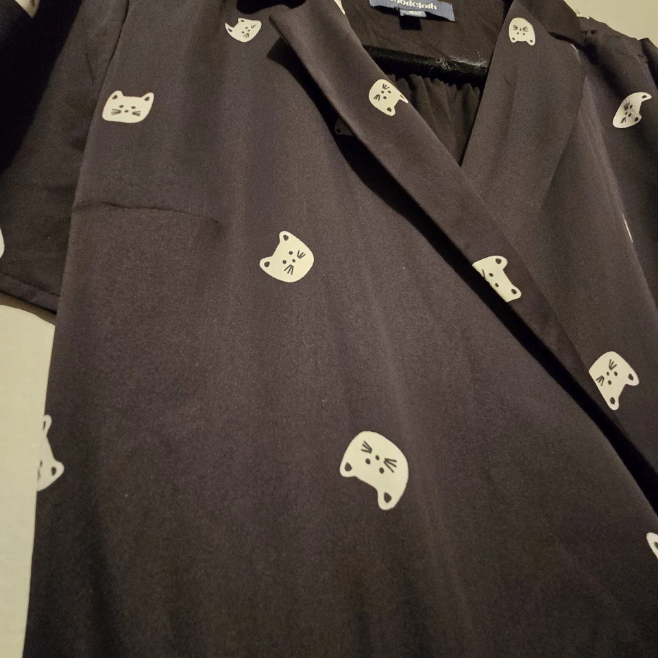 Modcloth Womens Black Wrap Dress SM Cat Print Goth Y2K Retro 90s Kitty Kidcore  - Image 3 of 4