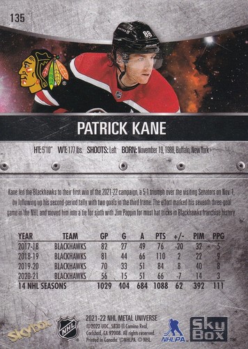 2021-22 NHL Metal Blue #135 - Patrick Kane - Chicago Blackhawks - Picture 2 of 2