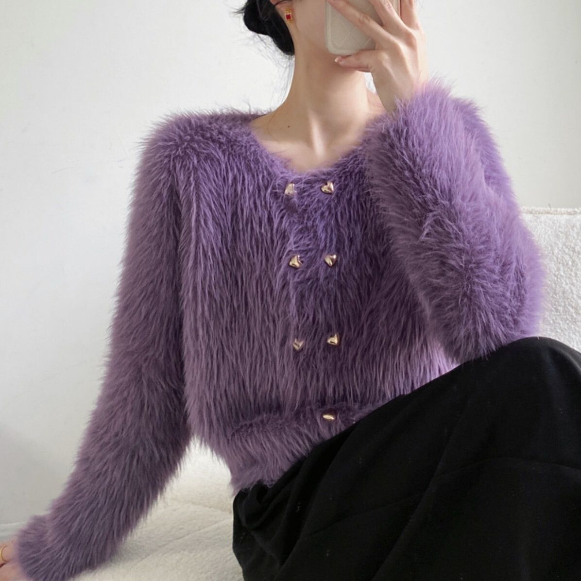 Lady Faux Fur Knitted Sweater Short Cardigans Fluffy Jumper Coat