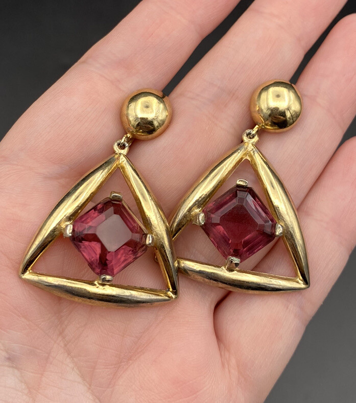 Vintage Statement Triangle Dangle Earrings With B… - image 1