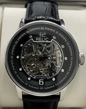 Relic Automatic Skeleton Dial Men's Watch Black Leather Strap Silver Case Box